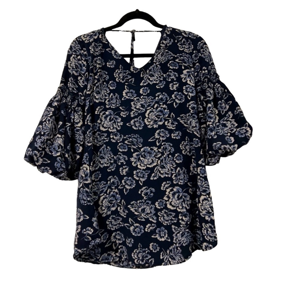 Available by Angela Fashion Womens Blue Floral Top With Billowing Sleeves